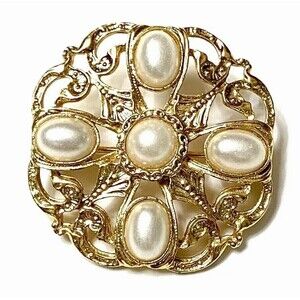 1928 Gold Tone Round Brooch Faux White Pearls 1-1/2" Cutout Scroll Swirled Back